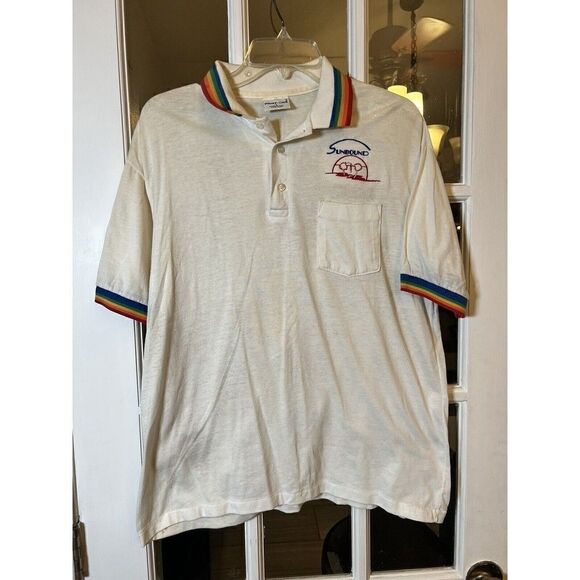 Print Ons Polo Vintage 80's Rare USA Made Employee Shirt Large. Rainbow.    X - Picture 1 of 6
